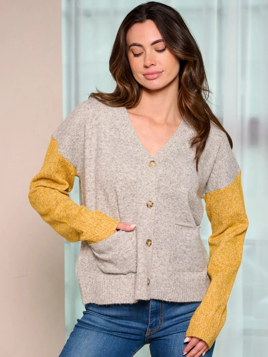 WOMEN'S LONG SLEEVE BUTTON UP COLORBLOCK SWEATER CARDIGAN