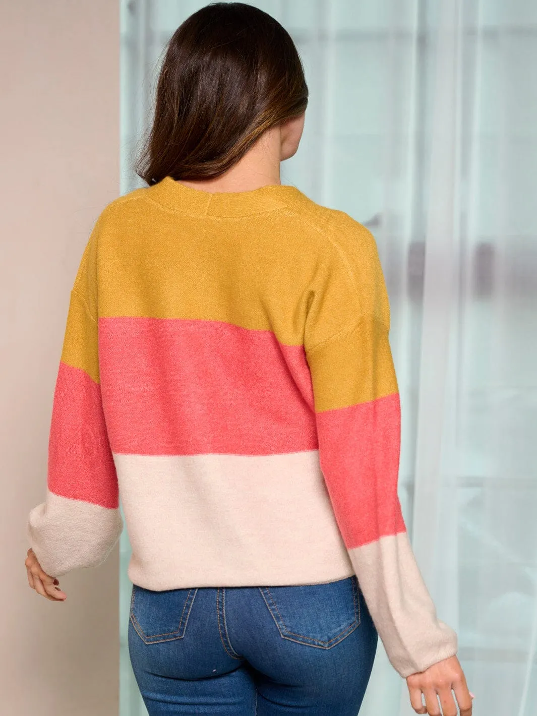 WOMEN'S LONG SLEEVE BUTTON UP COLORBLOCK SWEATER CARDIGAN