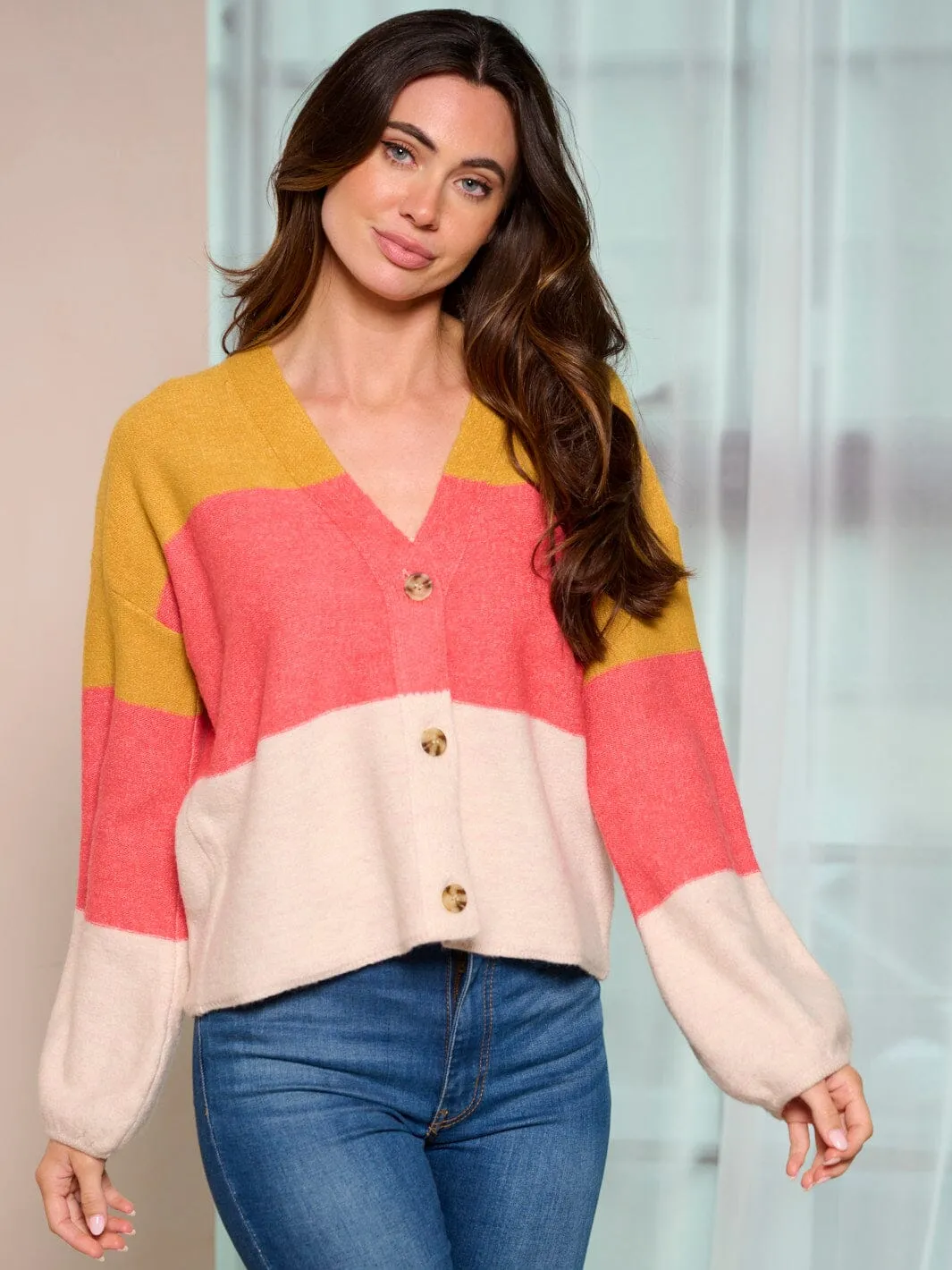 WOMEN'S LONG SLEEVE BUTTON UP COLORBLOCK SWEATER CARDIGAN