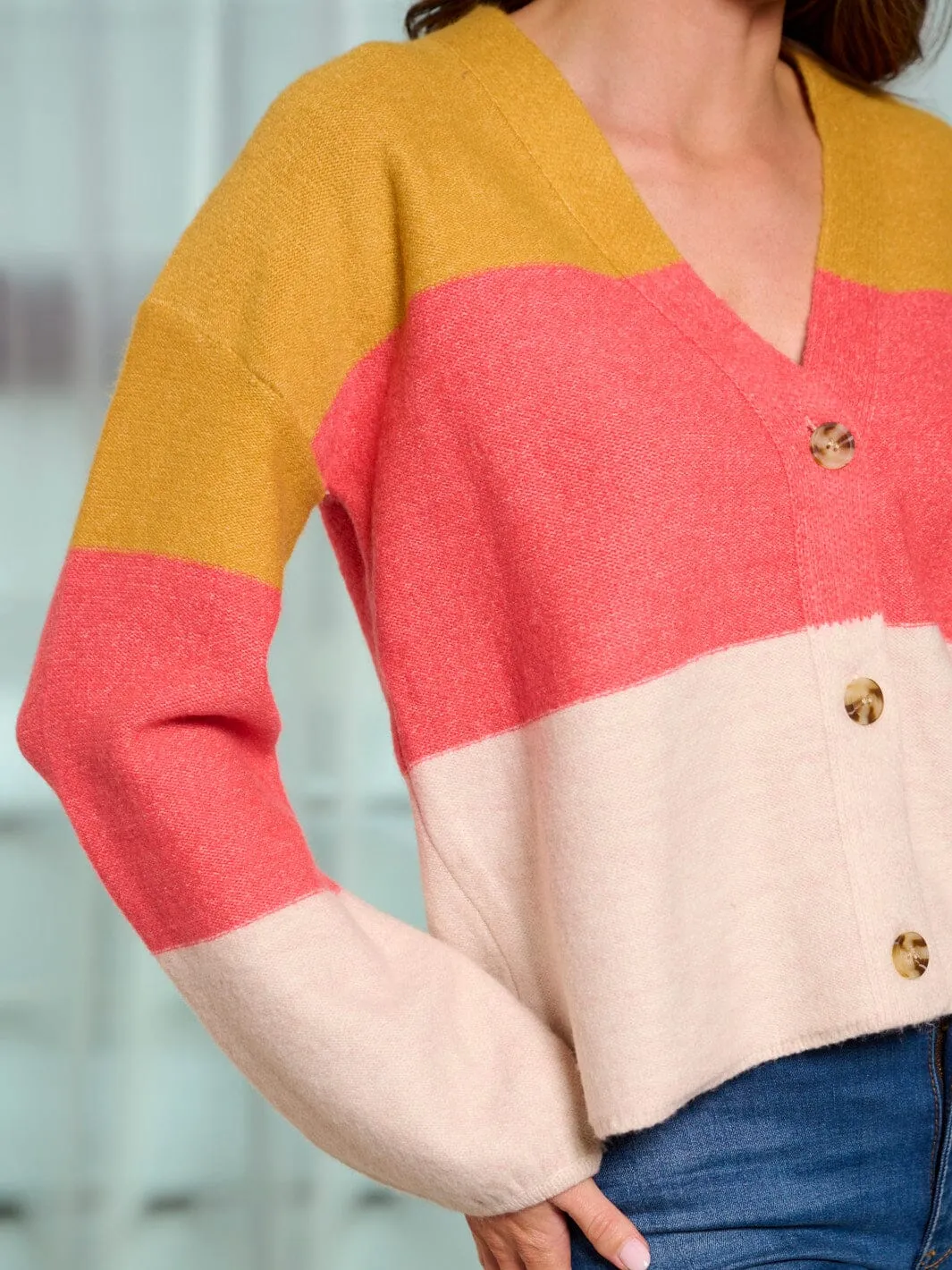 WOMEN'S LONG SLEEVE BUTTON UP COLORBLOCK SWEATER CARDIGAN