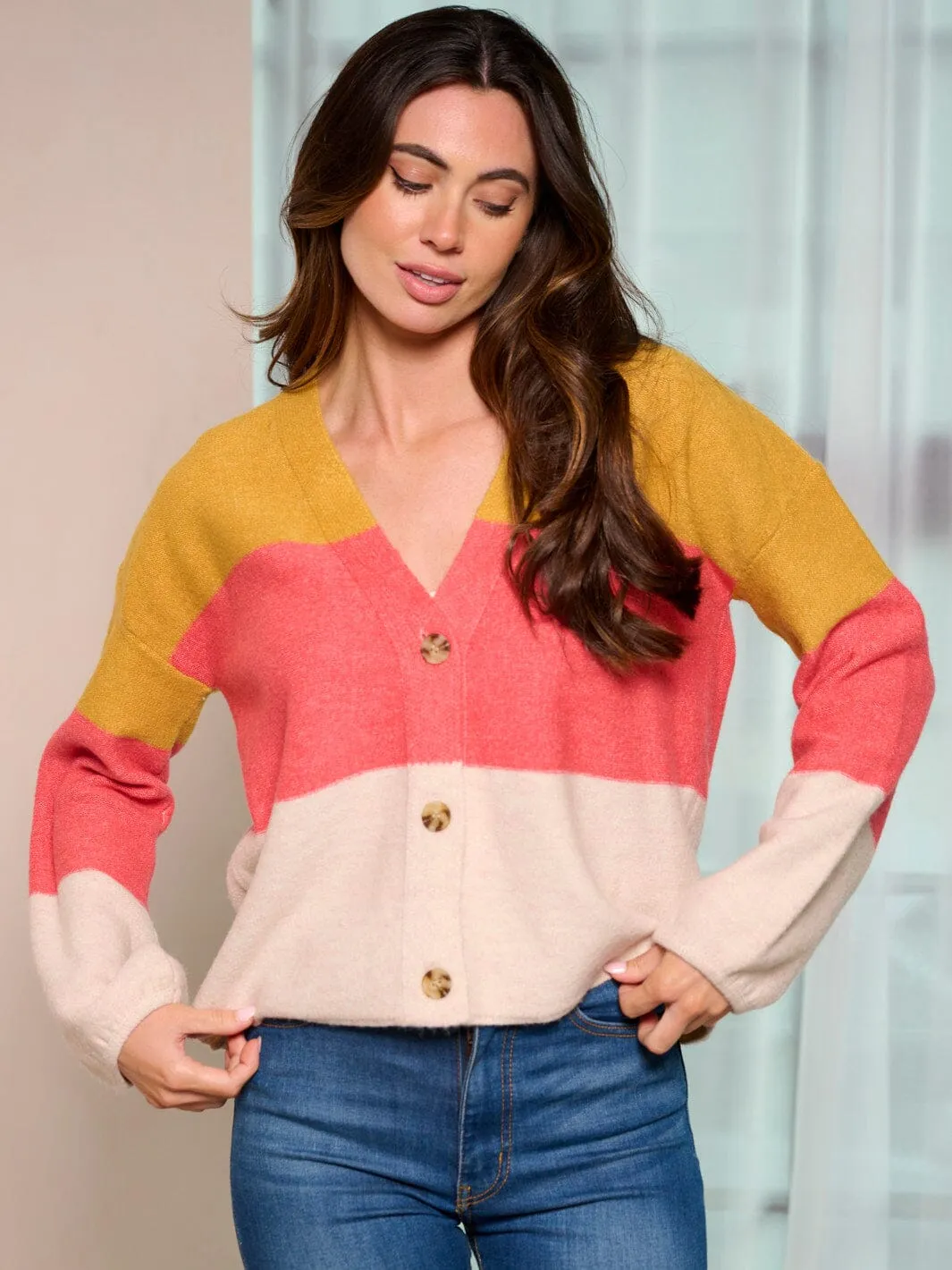 WOMEN'S LONG SLEEVE BUTTON UP COLORBLOCK SWEATER CARDIGAN