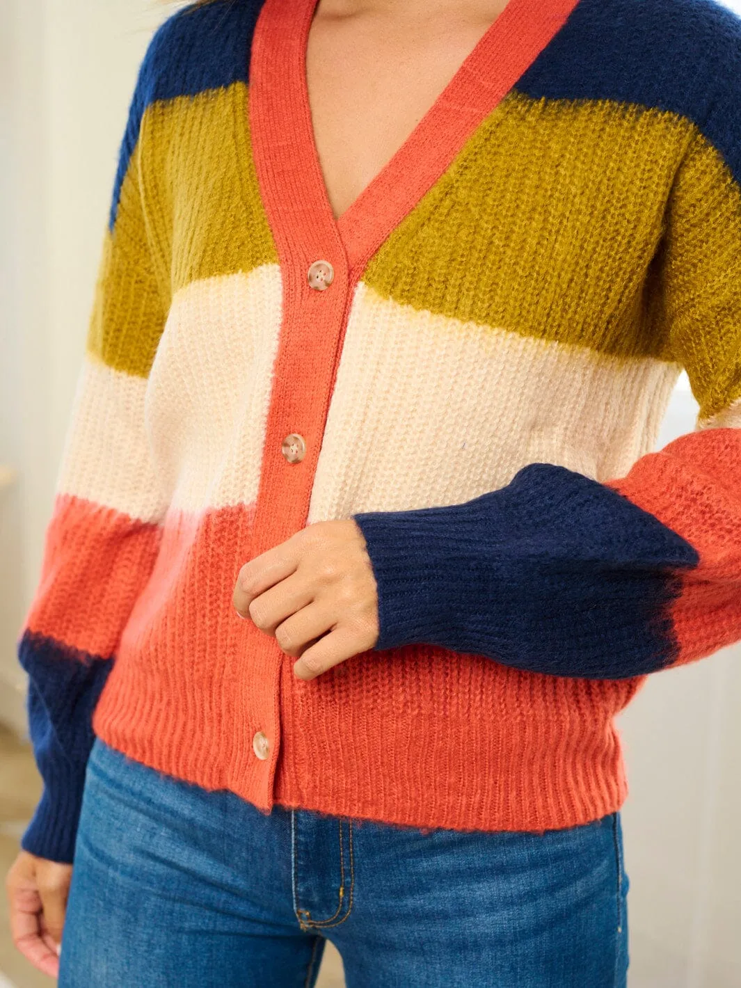WOMEN'S LONG SLEEVE COLORBLOCK STRIPES BUTTON UP CARDIGAN SWEATER
