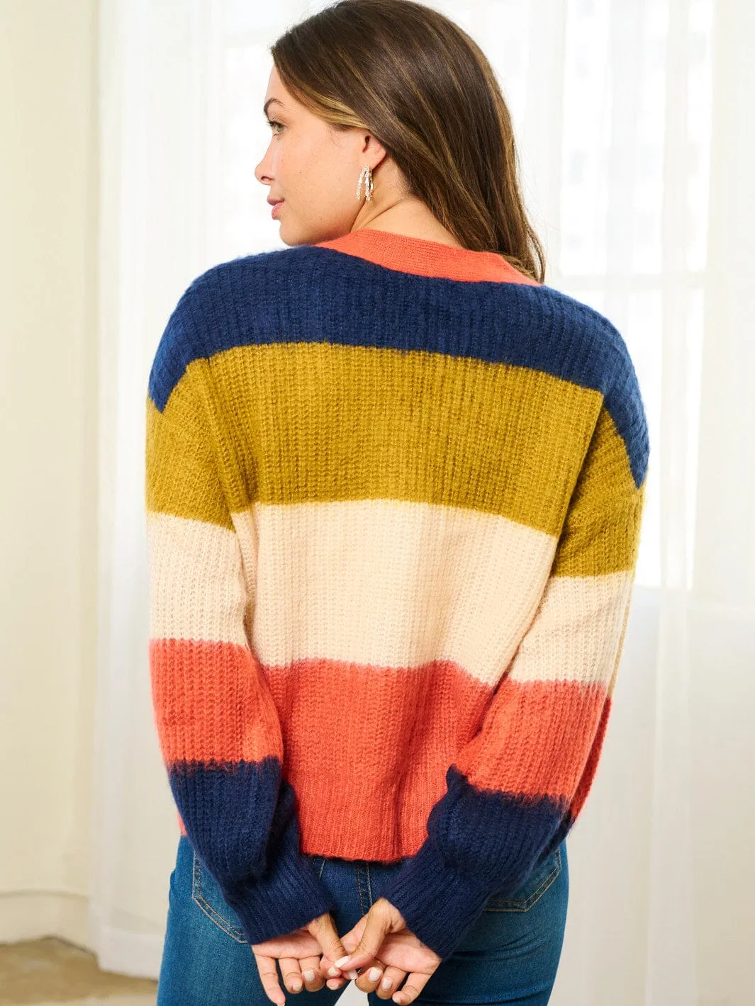 WOMEN'S LONG SLEEVE COLORBLOCK STRIPES BUTTON UP CARDIGAN SWEATER