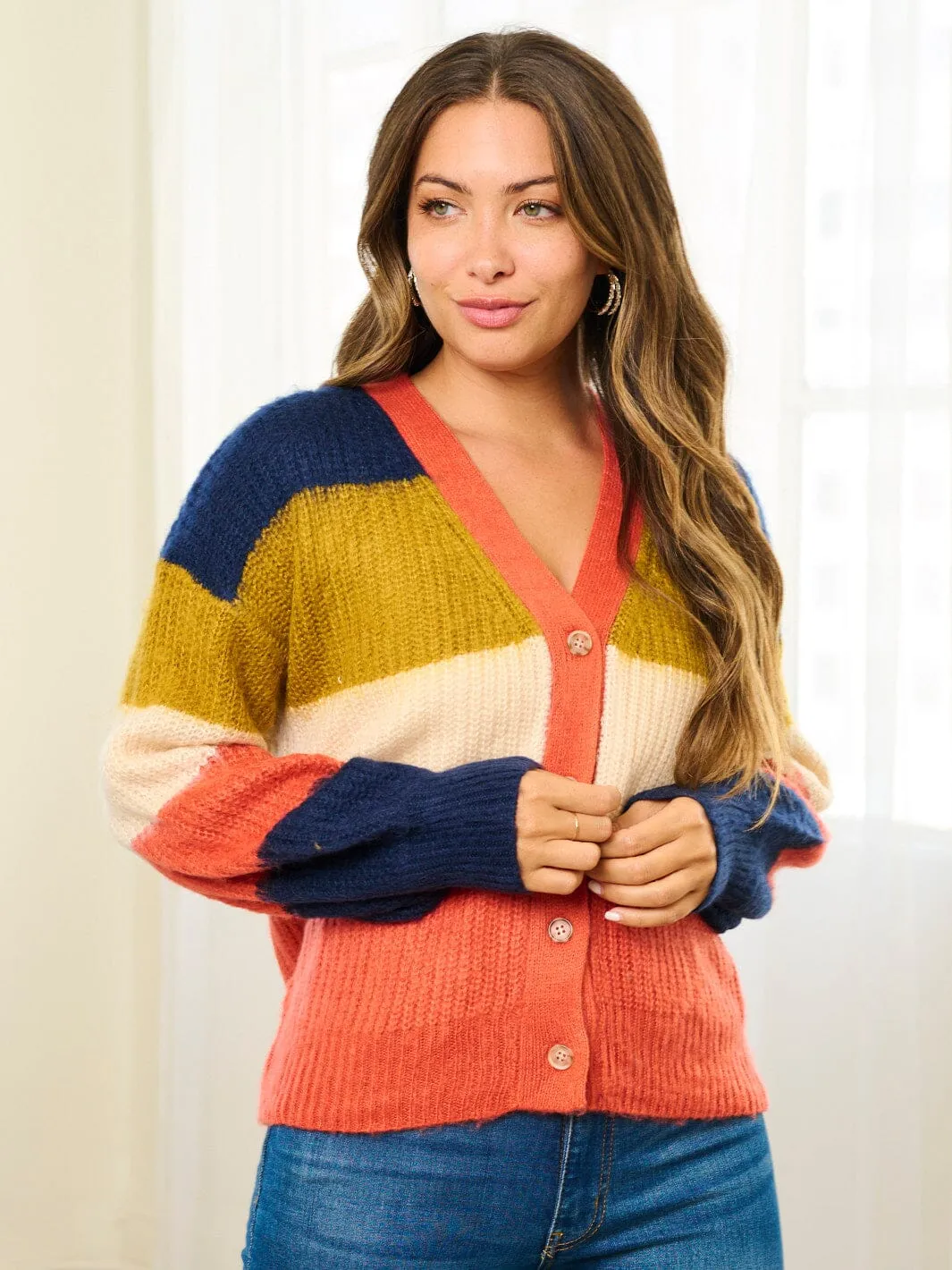 WOMEN'S LONG SLEEVE COLORBLOCK STRIPES BUTTON UP CARDIGAN SWEATER