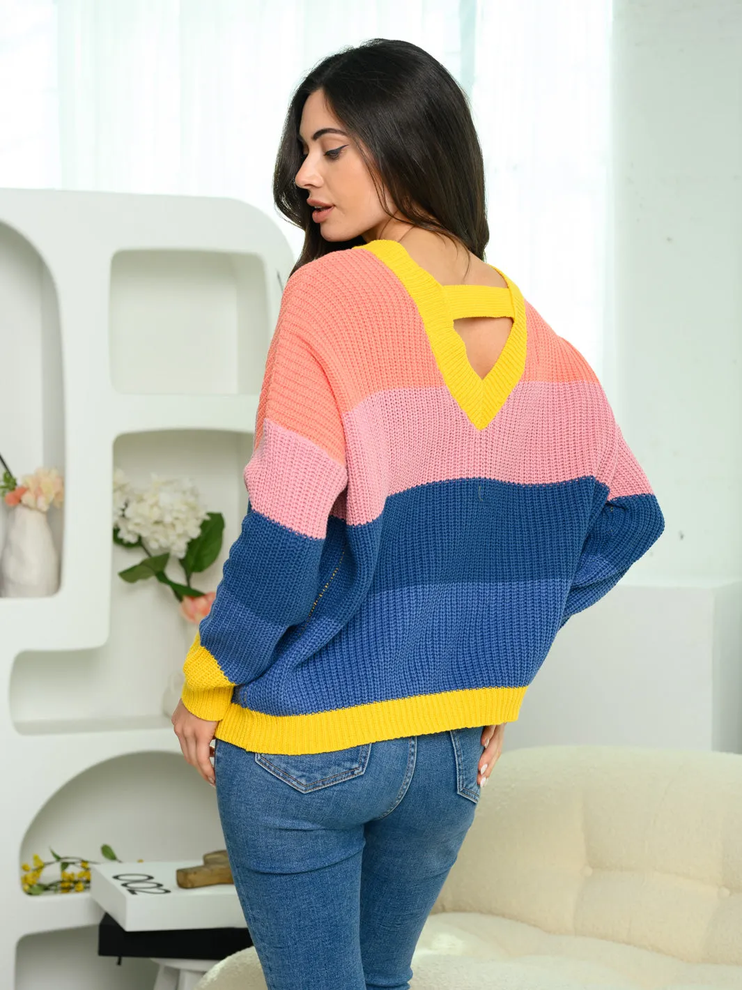 WOMEN'S LONG SLEEVE V-NECK COLORBLOCK SWEATER