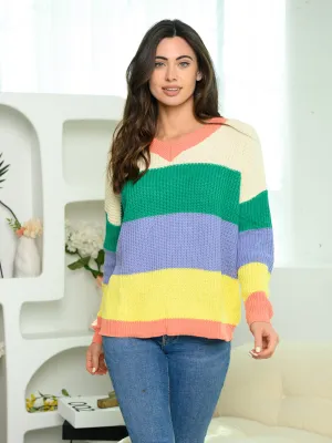 WOMEN'S LONG SLEEVE V-NECK COLORBLOCK SWEATER