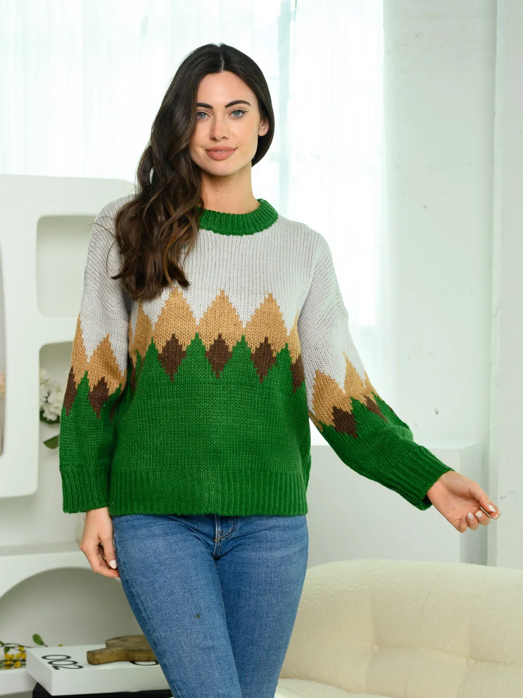 WOMEN'S LONG SLEEVE V-NECK COLORBLOCK SWEATER