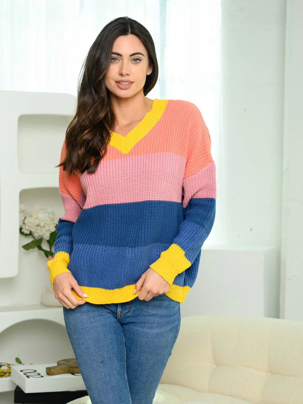 WOMEN'S LONG SLEEVE V-NECK COLORBLOCK SWEATER