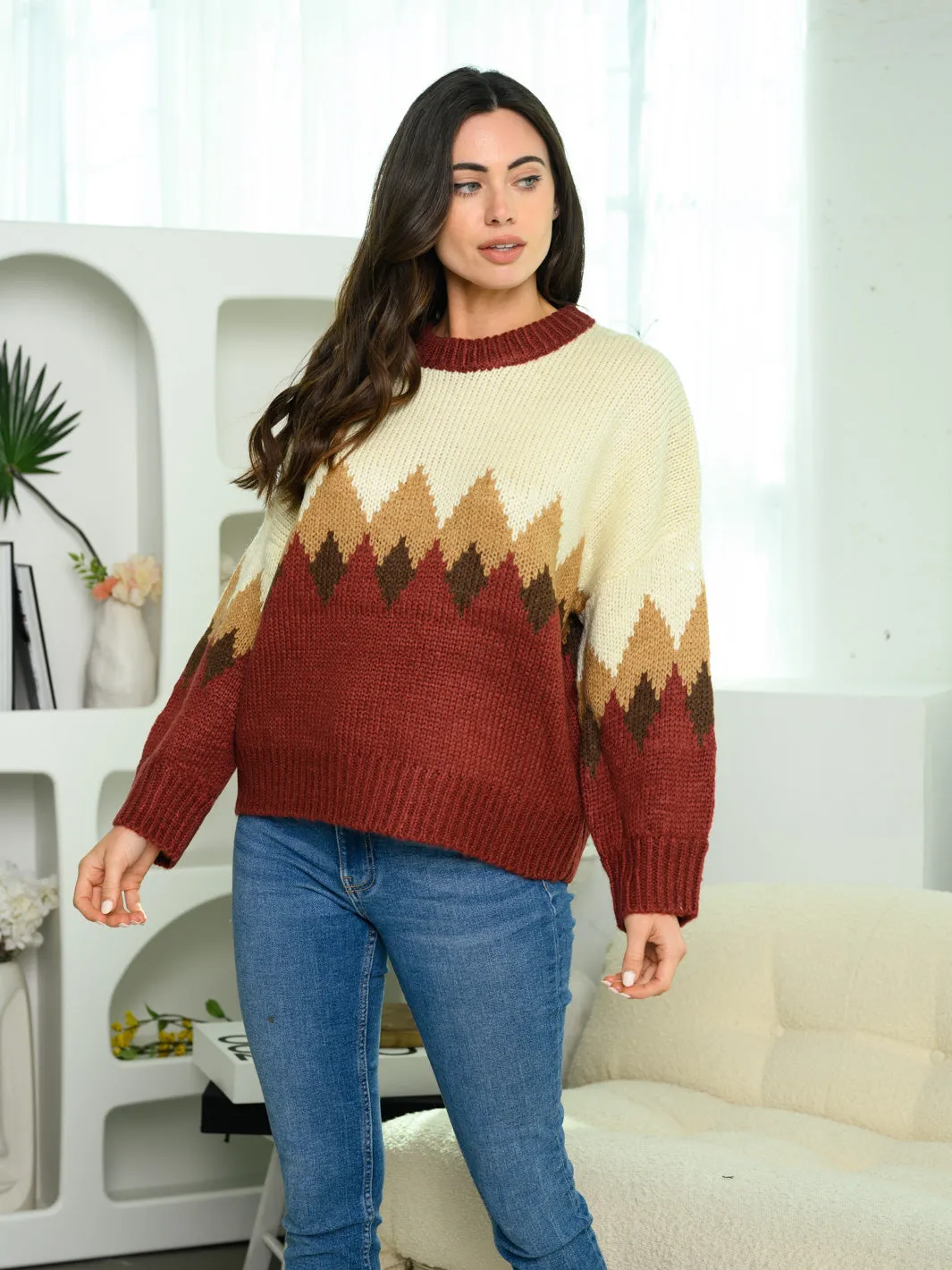 WOMEN'S LONG SLEEVE V-NECK COLORBLOCK SWEATER