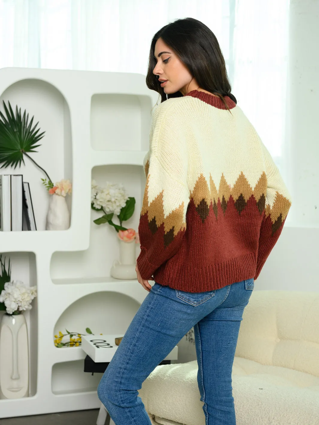 WOMEN'S LONG SLEEVE V-NECK COLORBLOCK SWEATER