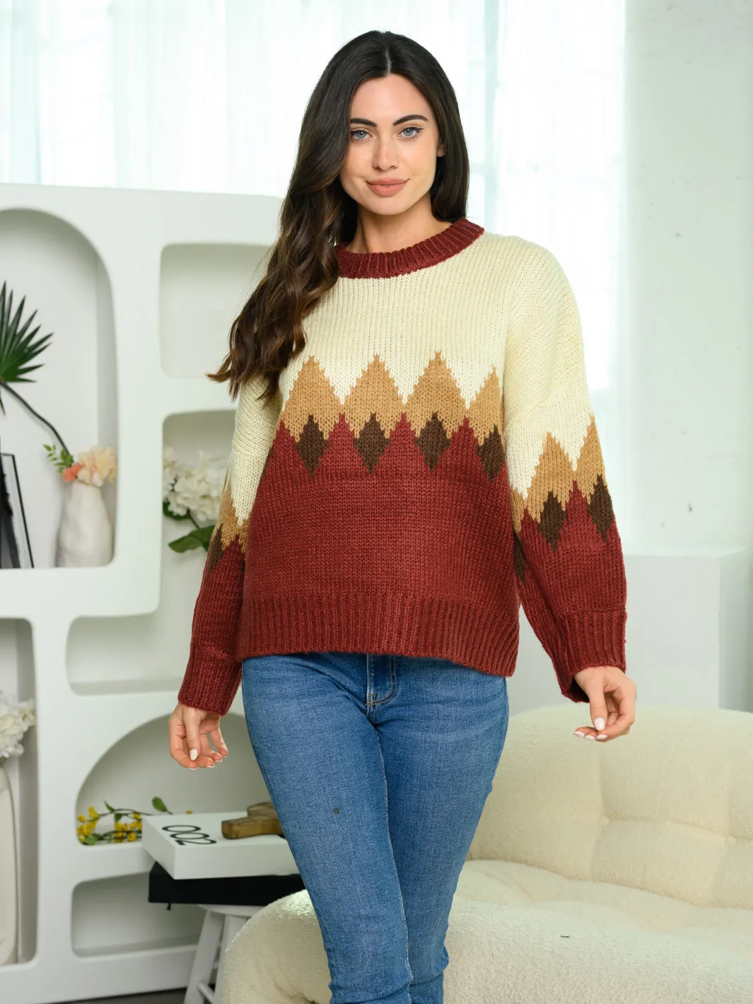 WOMEN'S LONG SLEEVE V-NECK COLORBLOCK SWEATER