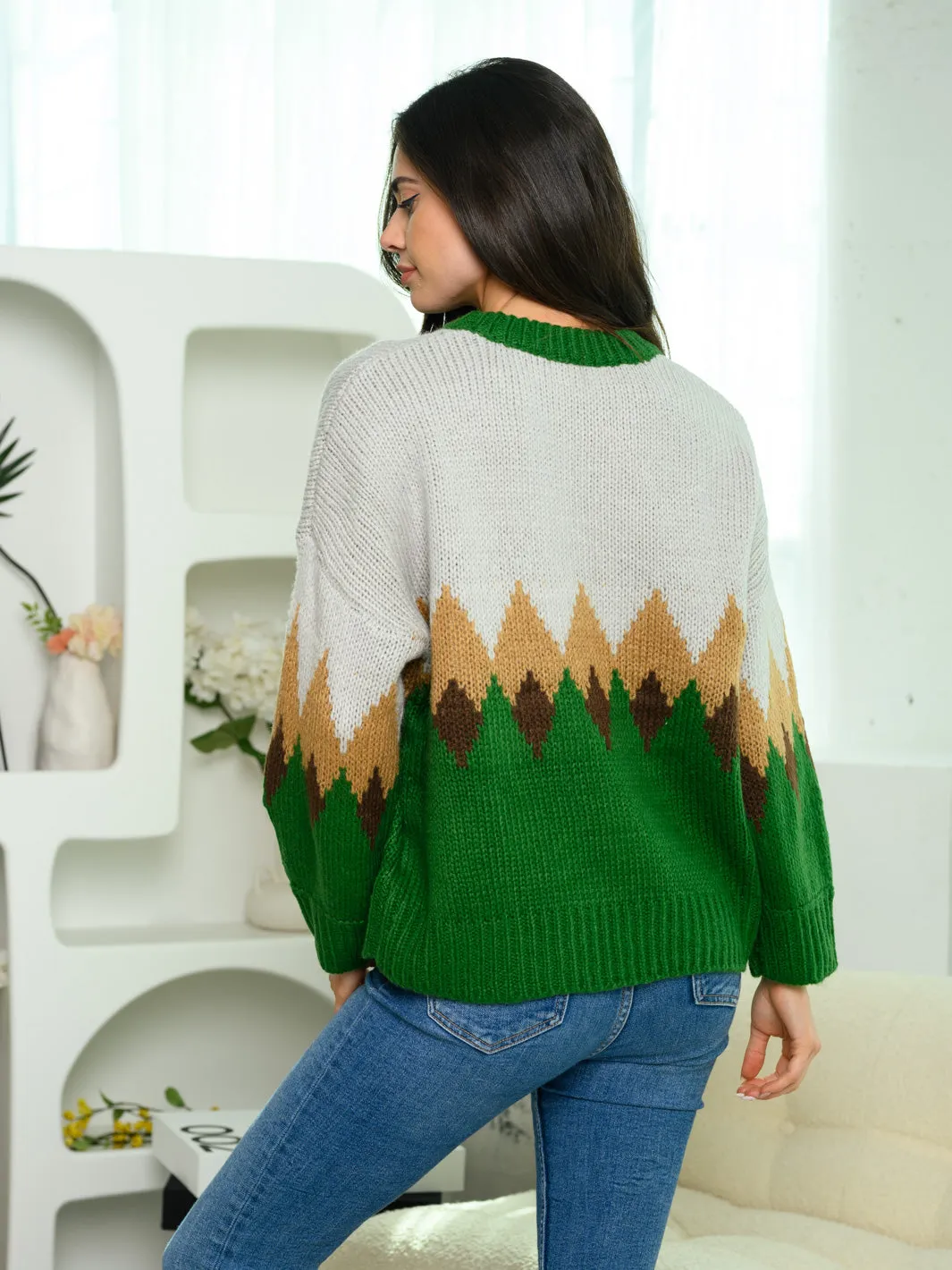 WOMEN'S LONG SLEEVE V-NECK COLORBLOCK SWEATER