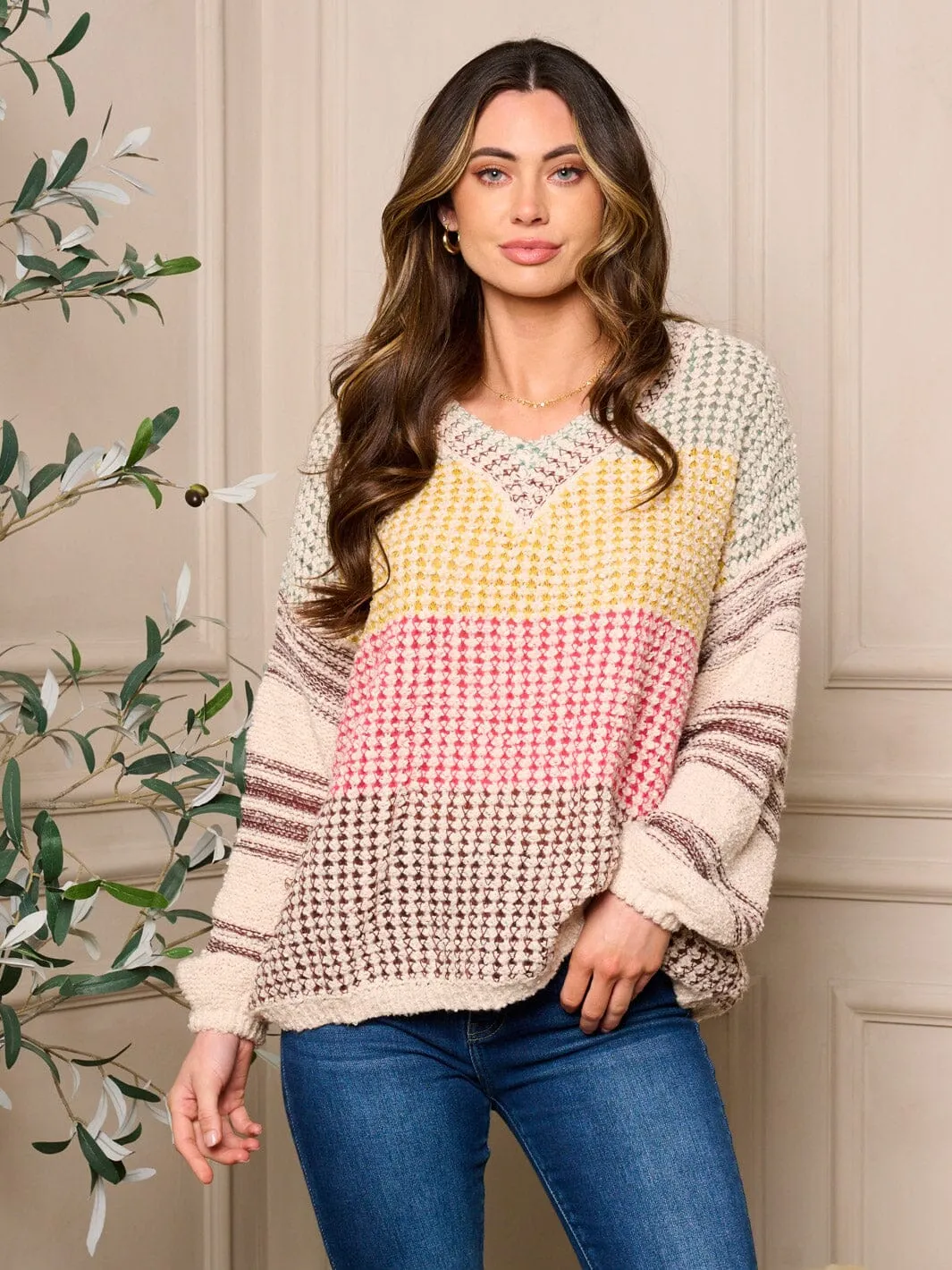 WOMENS LONG SLEEVE V-NECK PULLOVER MULTI COLORS SWEATER