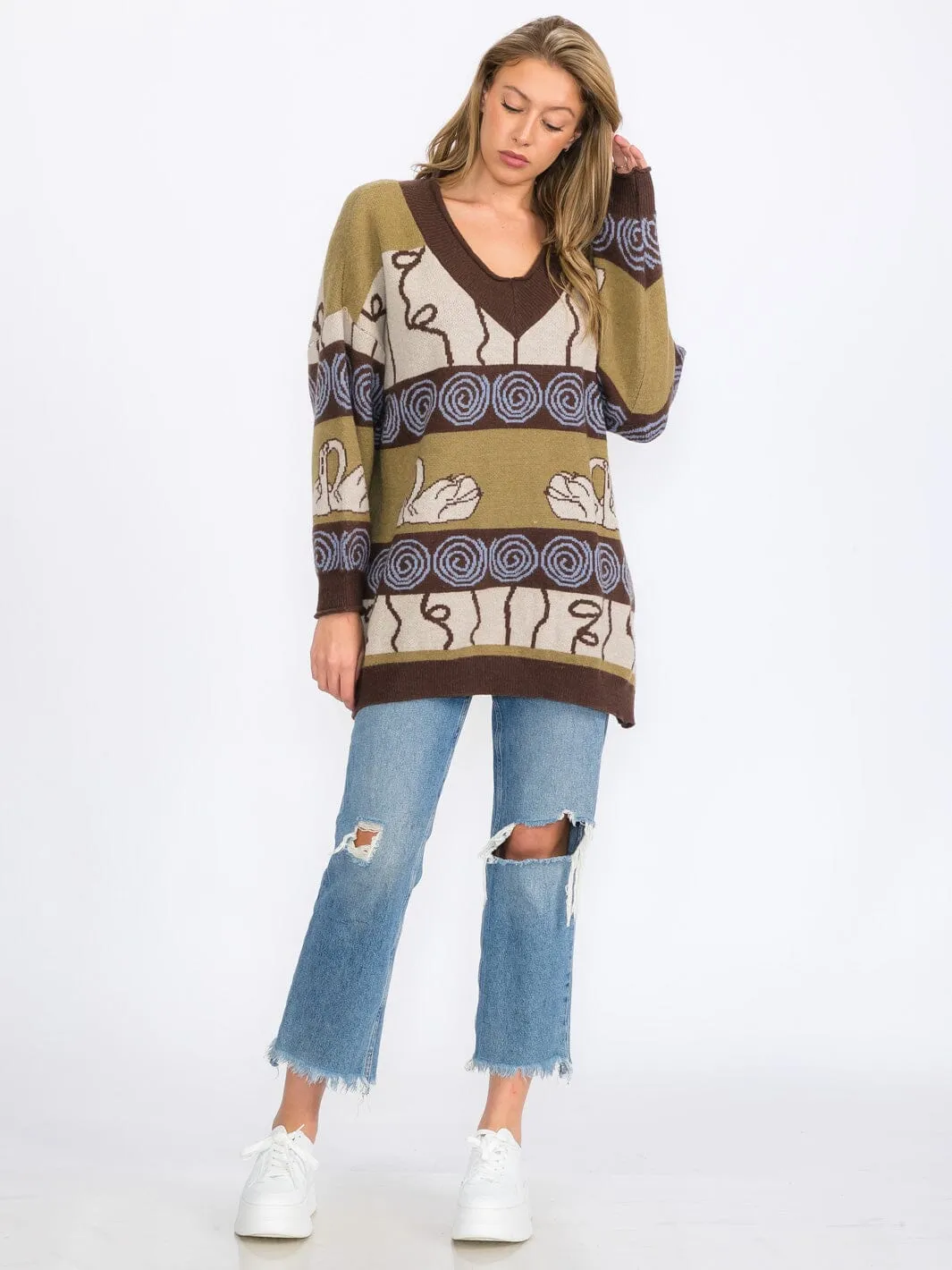 WOMEN'S LONG SLEEVES V-NECK PULLOVER COLORBLOCK MULTI PRINT SWEATER