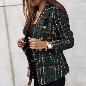 Women's Tweed Blazer - Double-Breasted - Tailored Fit - Plaid Check Pattern