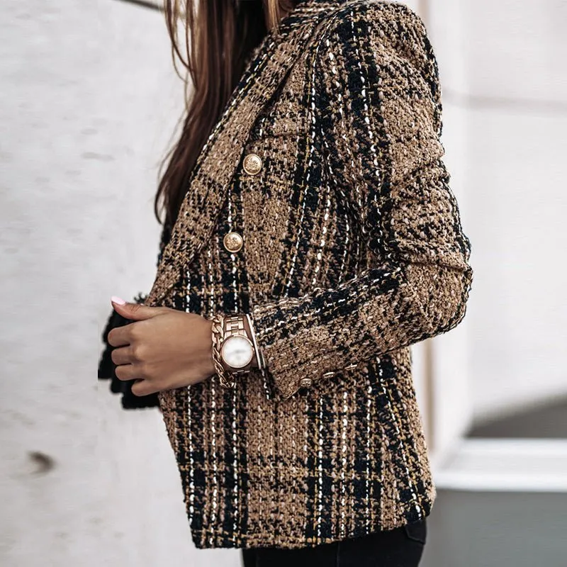 Women's Tweed Blazer - Double-Breasted - Tailored Fit - Plaid Check Pattern
