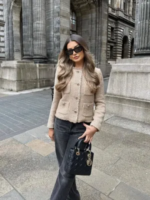 Women's Tweed Blazer - Tailored Fit - Cropped Length - Button Detailing