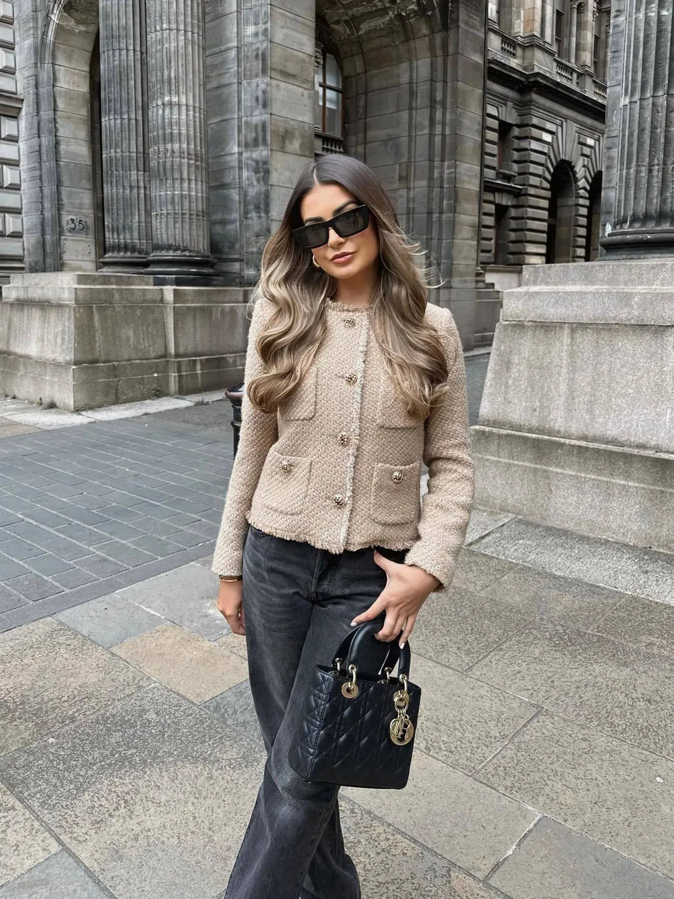 Women's Tweed Blazer - Tailored Fit - Cropped Length - Button Detailing