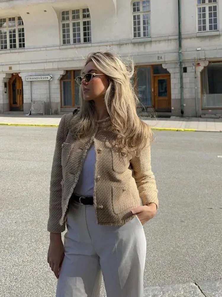 Women's Tweed Blazer - Tailored Fit - Cropped Length - Button Detailing