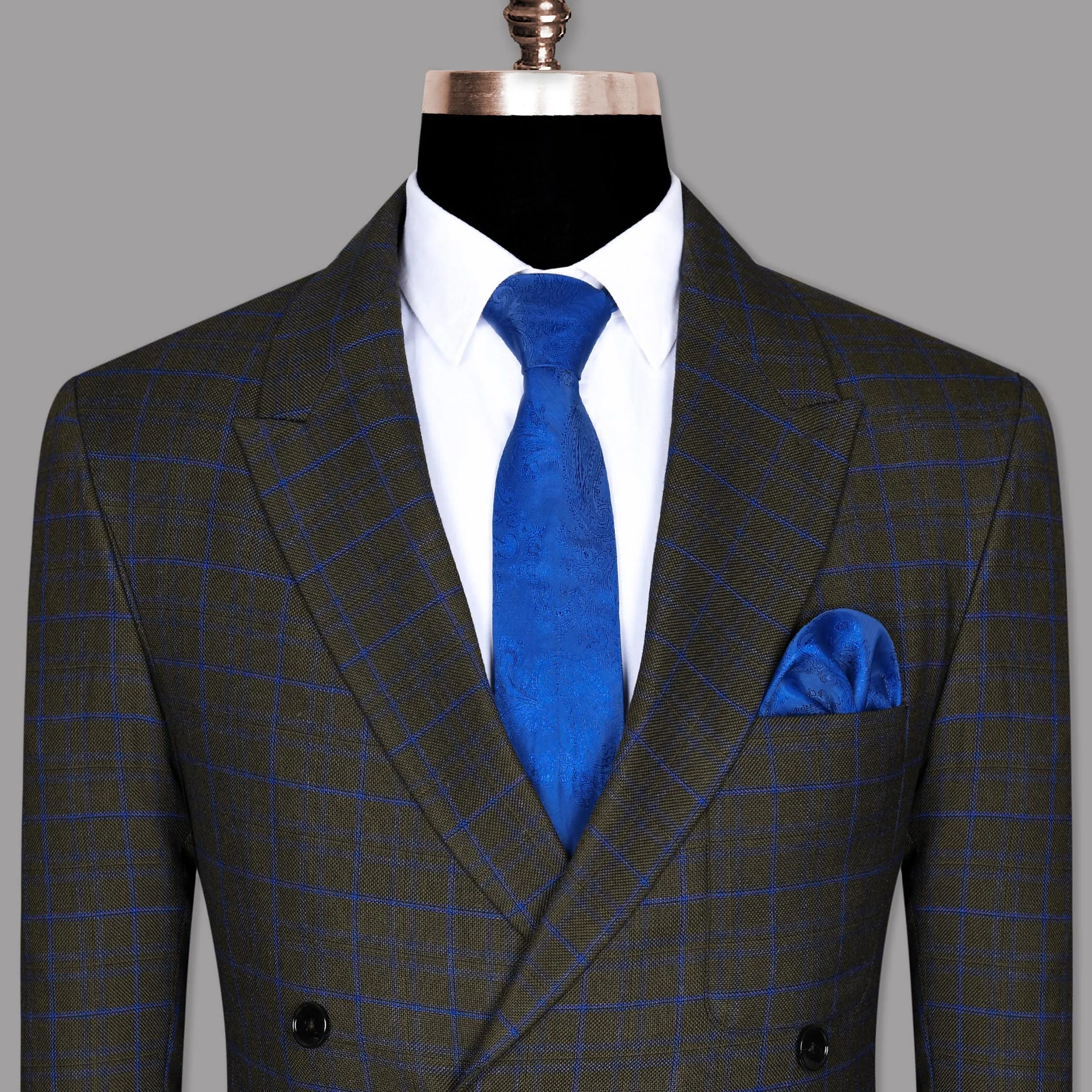 Wood Brown with Royal Blue windowpane Wool Double Breasted Tweed Blazer