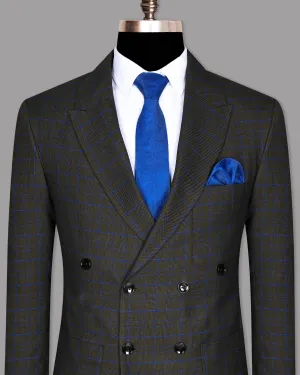 Wood Brown with Royal Blue windowpane Wool Double Breasted Tweed Blazer
