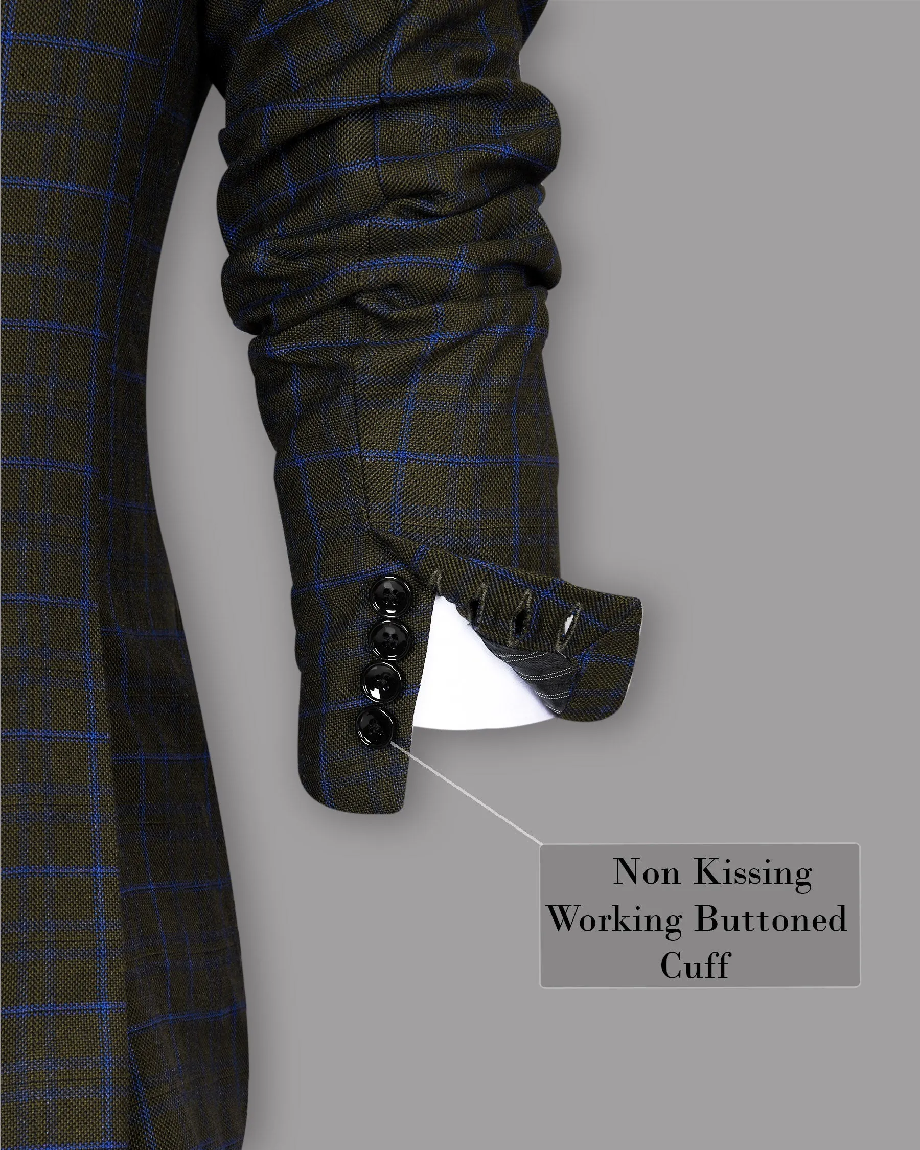 Wood Brown with Royal Blue windowpane Wool Double Breasted Tweed Blazer
