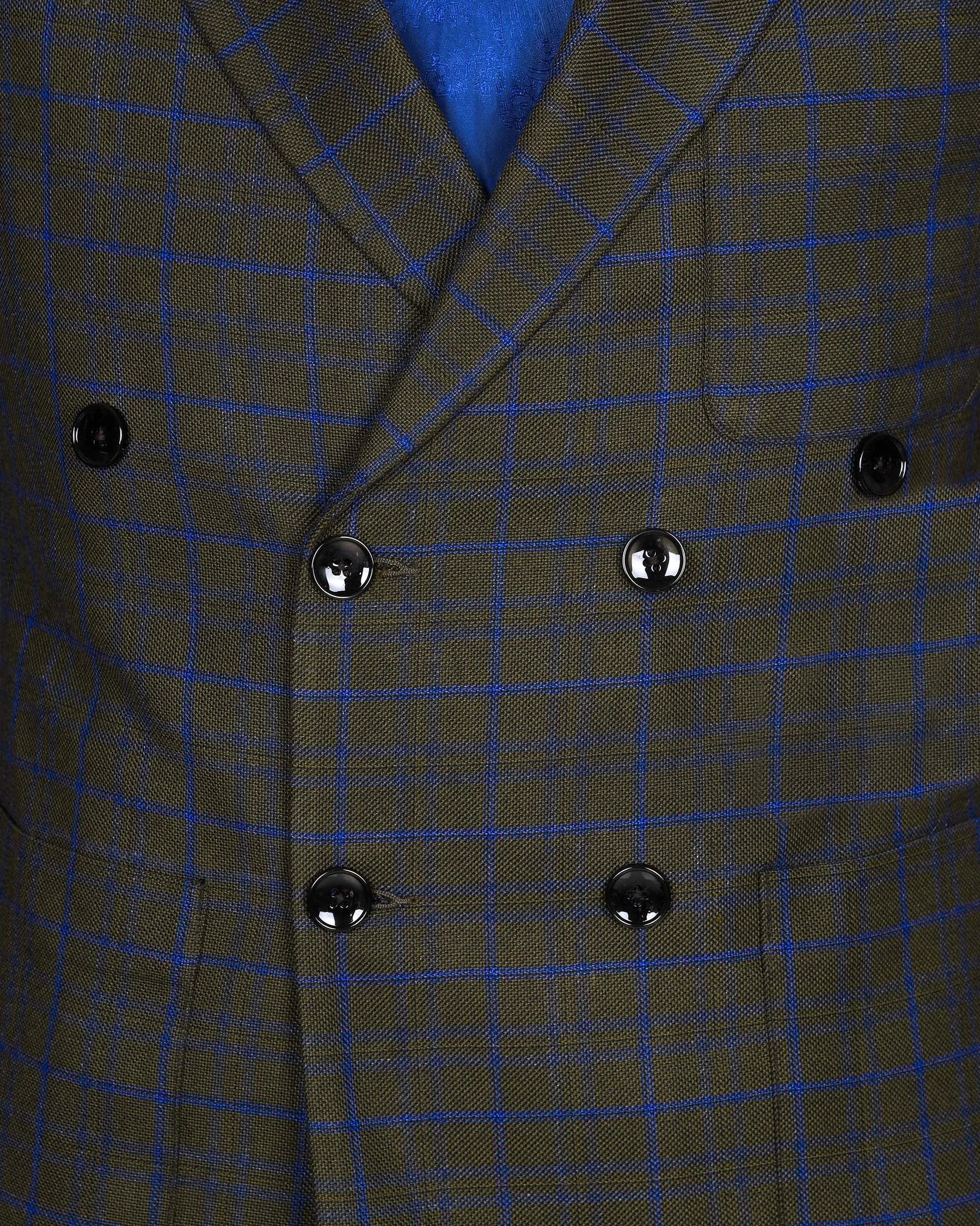 Wood Brown with Royal Blue windowpane Wool Double Breasted Tweed Blazer