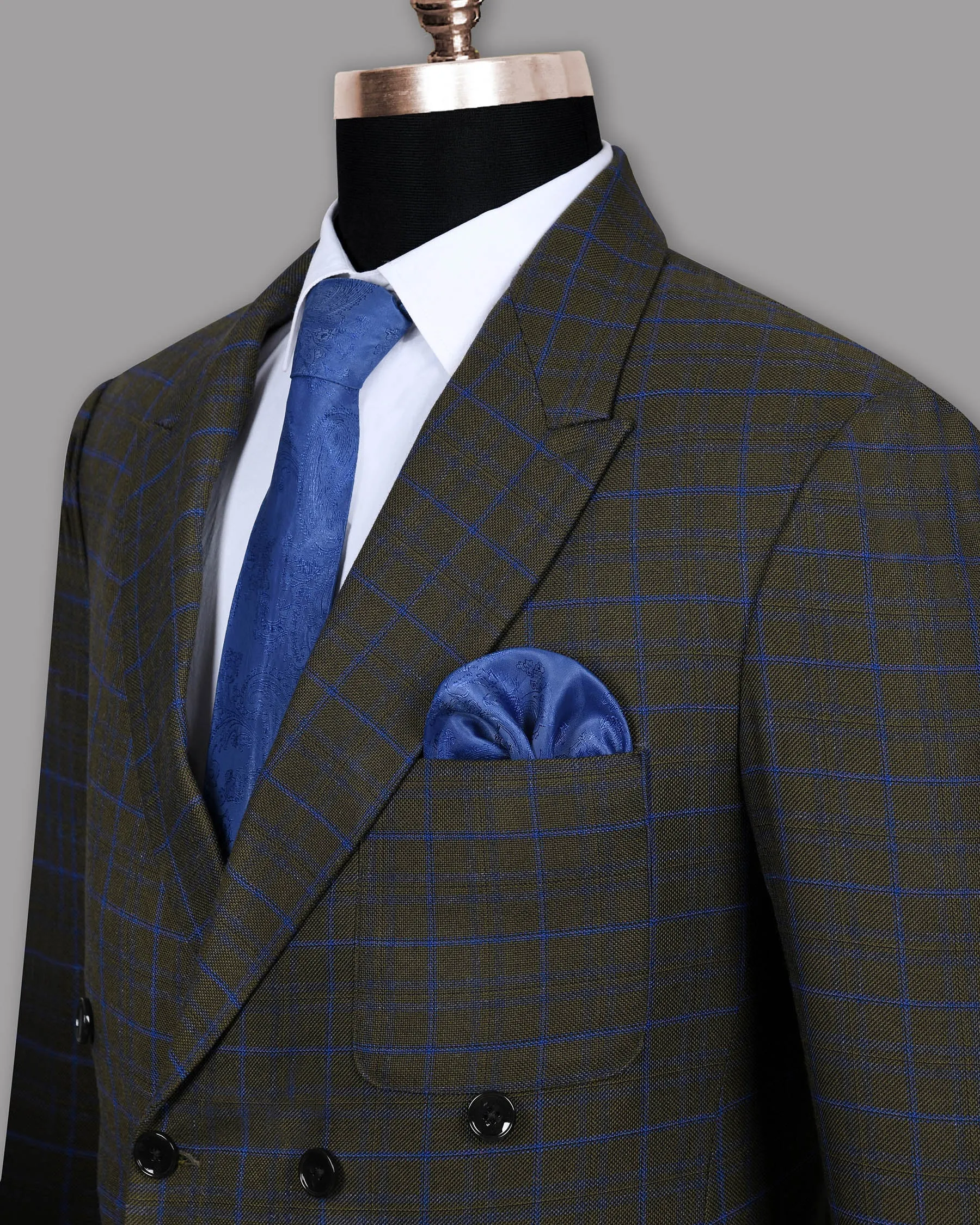 Wood Brown with Royal Blue windowpane Wool Double Breasted Tweed Blazer