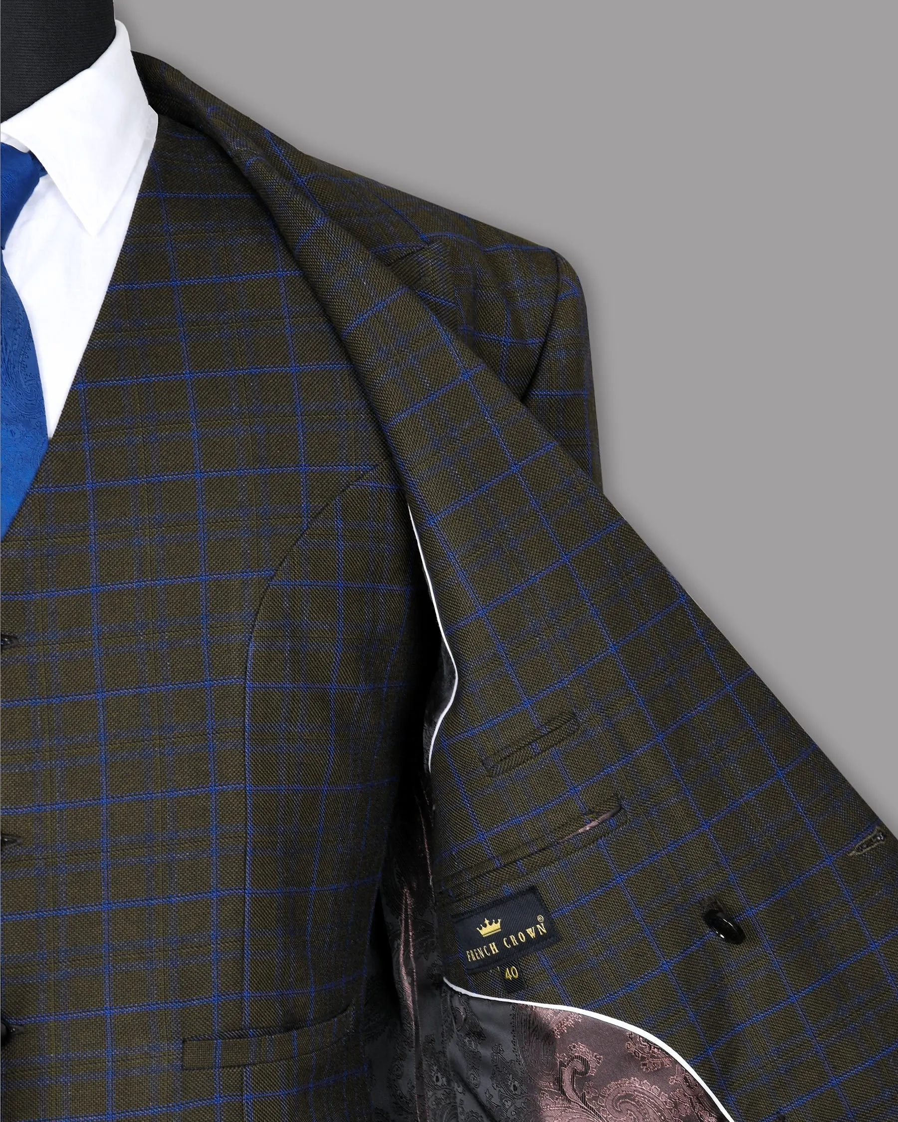 Wood Brown with Royal Blue windowpane Wool Double Breasted Tweed Blazer