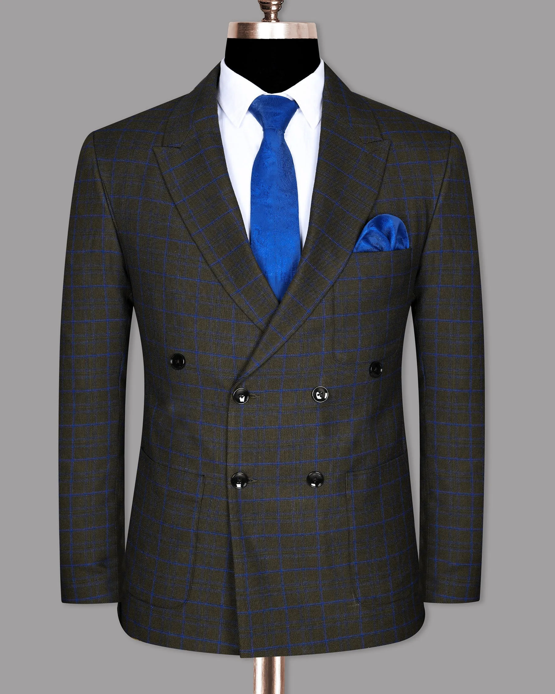 Wood Brown with Royal Blue windowpane Wool Double Breasted Tweed Blazer