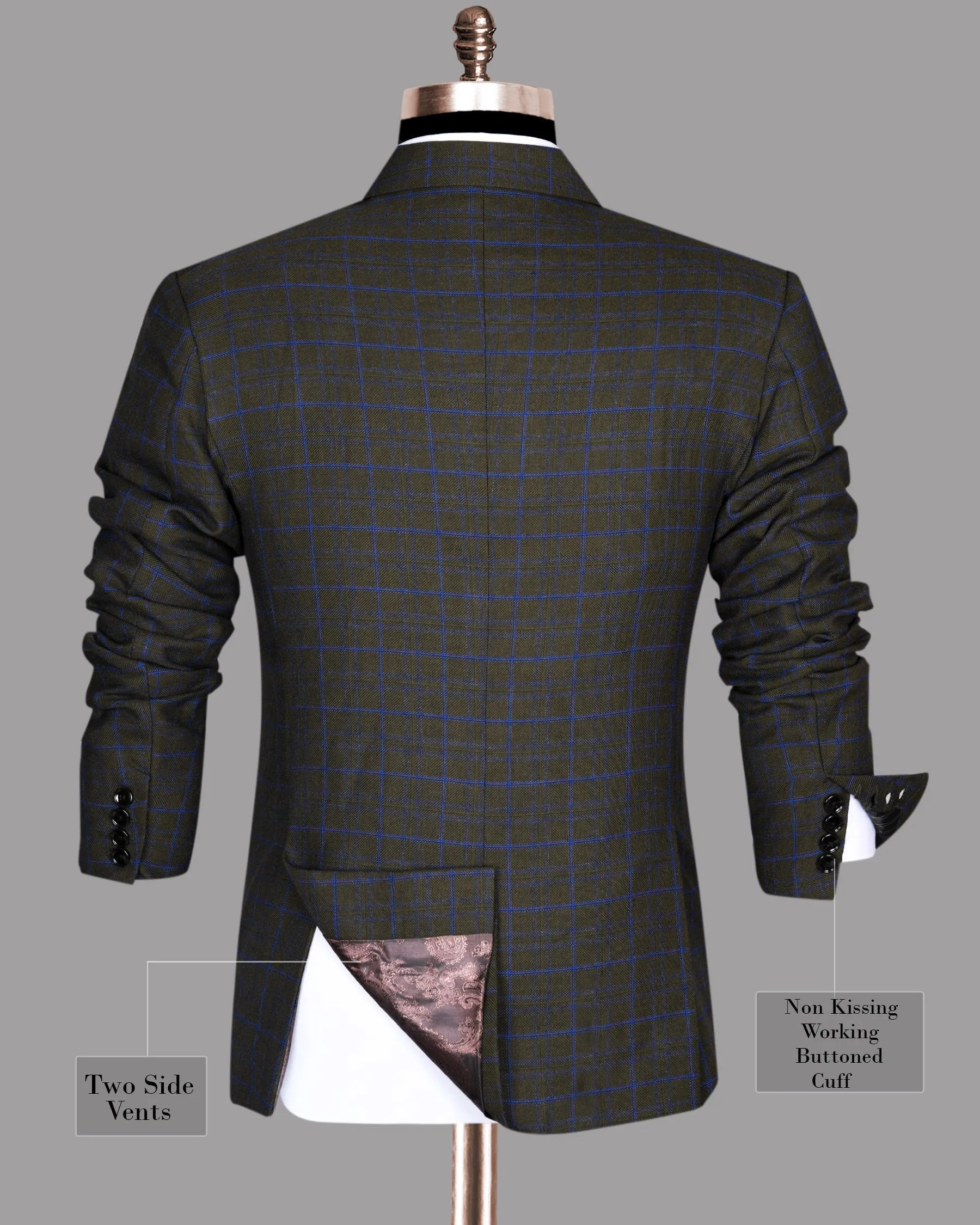 Wood Brown with Royal Blue windowpane Wool Double Breasted Tweed Blazer