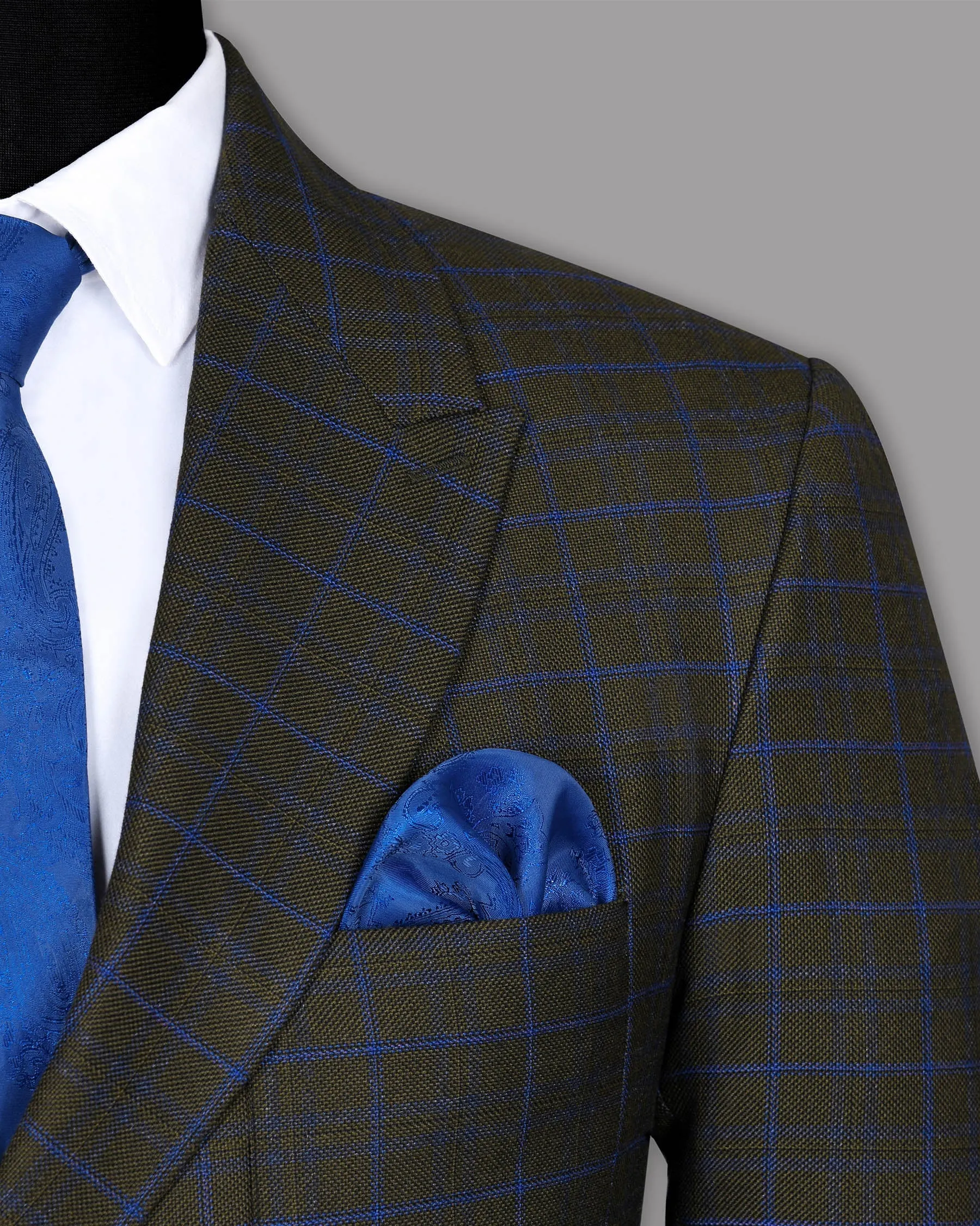 Wood Brown with Royal Blue windowpane Wool Double Breasted Tweed Blazer