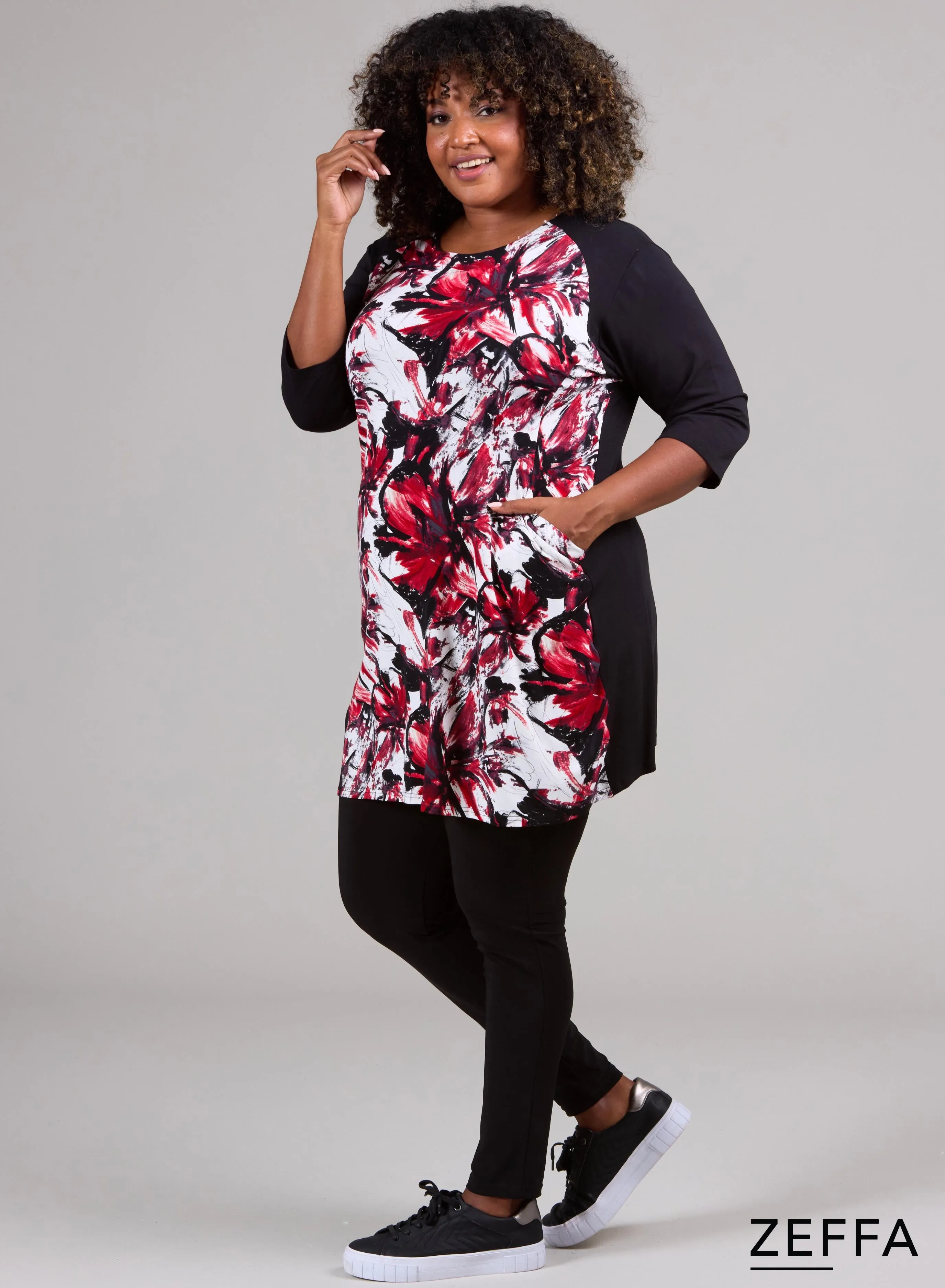 Zeffa 2tone Tunic With Pockets Red Art Flower
