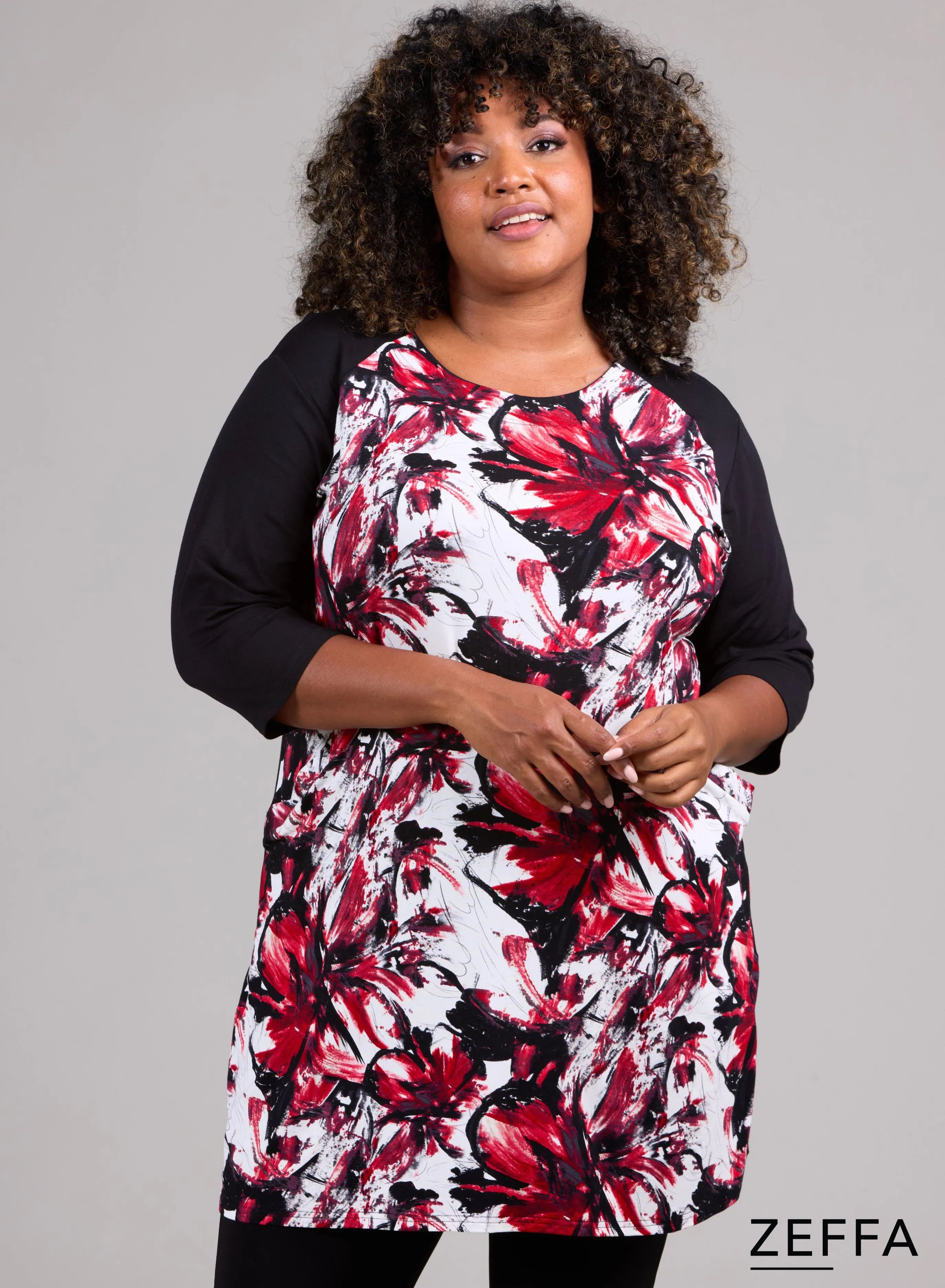 Zeffa 2tone Tunic With Pockets Red Art Flower