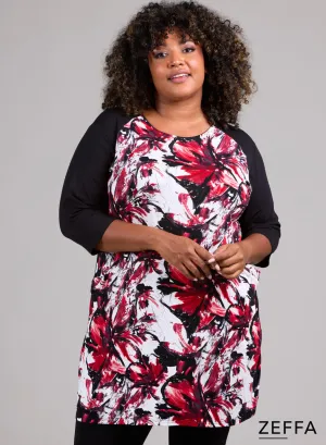Zeffa 2tone Tunic With Pockets Red Art Flower