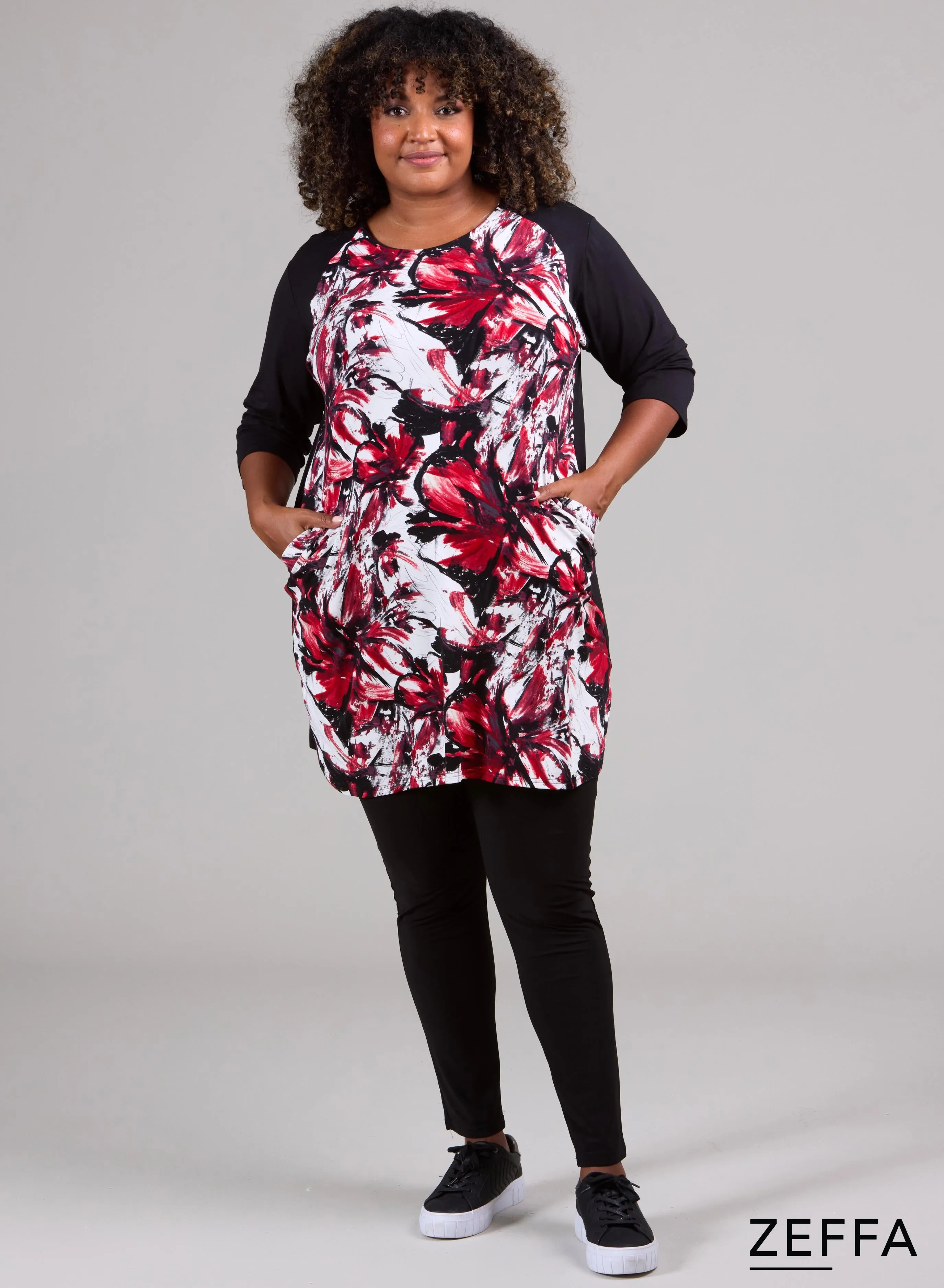 Zeffa 2tone Tunic With Pockets Red Art Flower